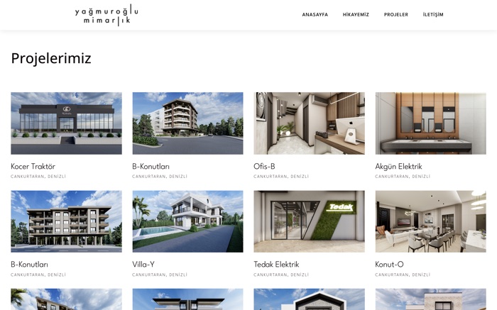 Yağmuroğlu Mimarlık web sitesinin projeler sayfası